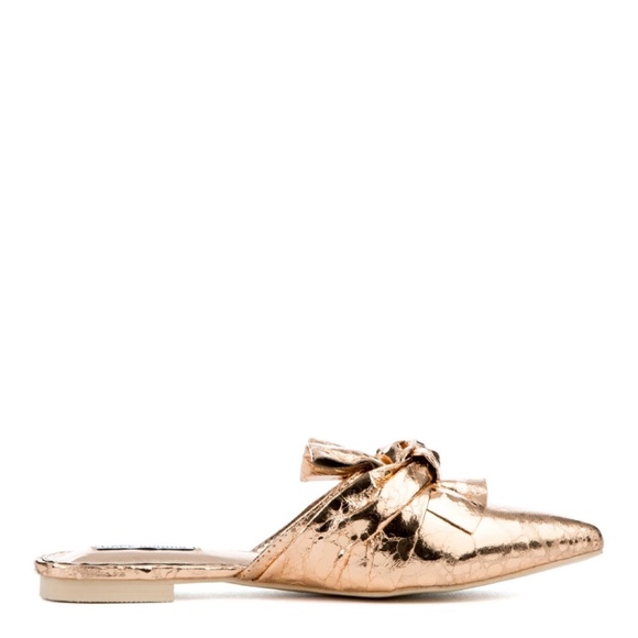 Cape Robbin | Vegan Metallic Rose Gold Knotted Pointed Toe Slip On Flats Mules - Picture 2 of 13